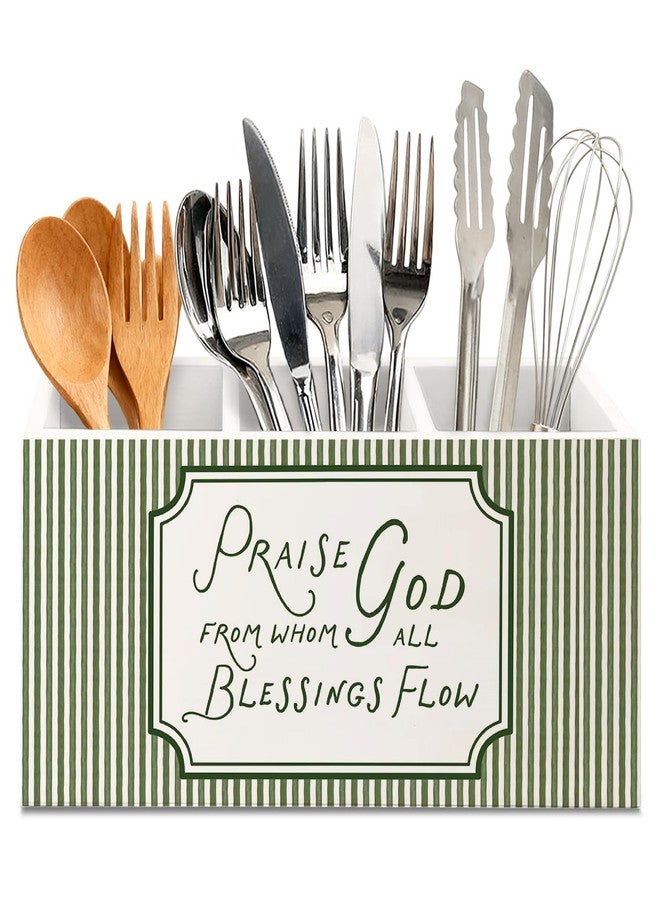 KBRCT Praise God from Whom All Blessings Flow Christian Wooden Utensils Holder, Green Striped Bible Verse Wood Cooking Utensil Holder Organizer for Kitchen Countertop Counter Decor - Image 1